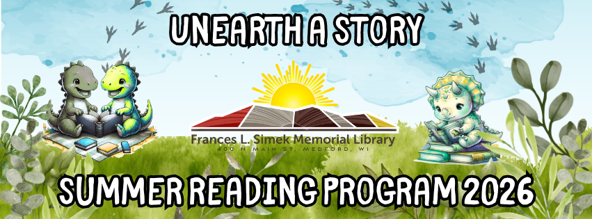 Banner for the Frances L. Simek Memorial Library Summer Reading Program 2026 with cartoon dinosaurs reading in a field.